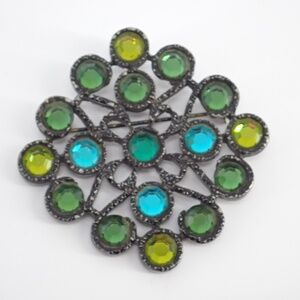 Mid Century Modern Blue Green Yellow Rhinestone Brooch Black Metal VTG Setting